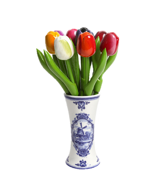 Wooden Tulips in Delfts Blue Vase - Small Vase - 20 cm