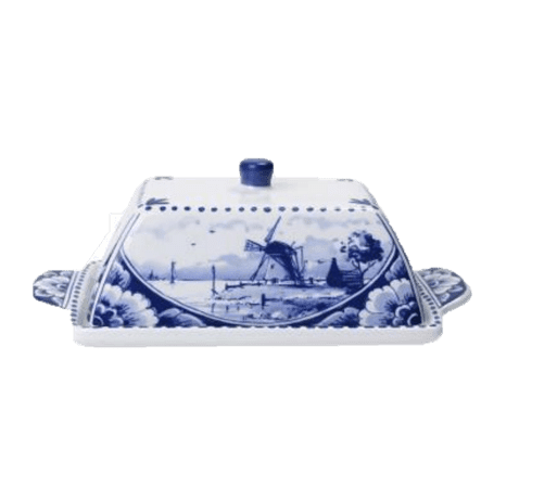 Butter Dish - Ceramic - Delft Blue - Windmill Canal Scene