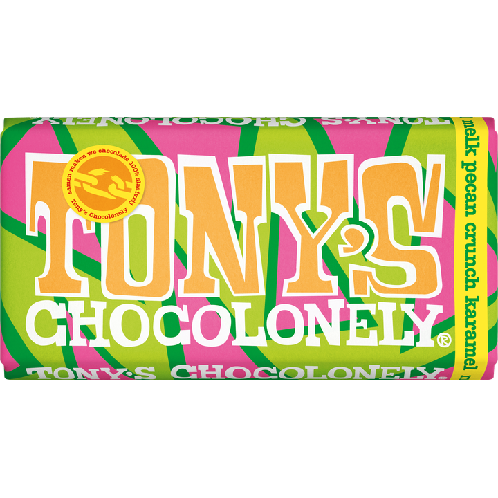 Tony's Chocolonely Milk Chocolate Bar w/ Pecan Crunch & Caramel 180g