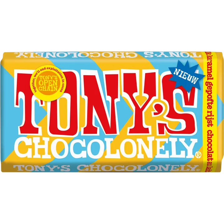 Tony's Chocolonely Milk Chocolate Bar w/ Caramel & Puffed Rice 180g