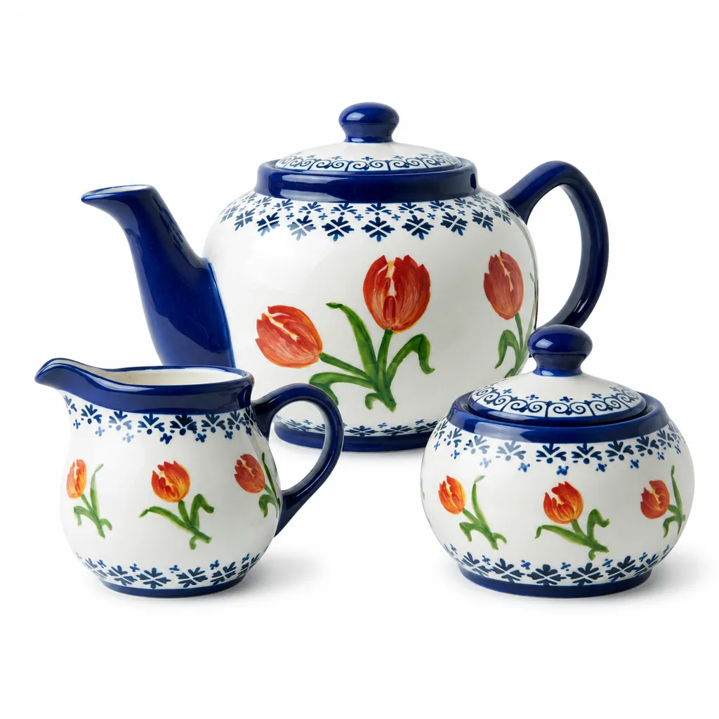 Tea Set - Teapot w/ Cream & Sugar - Orange Tulip with Blue