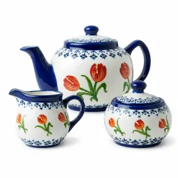 [XXG3015] Tea Set - Teapot w/ Cream & Sugar - Orange Tulip with Blue