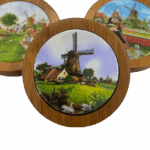 Coaster - Round Wooden Windmill Scene  (4 sets of 3)